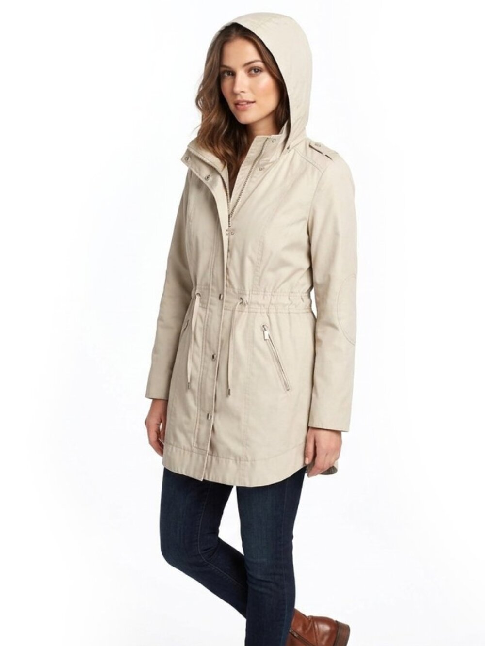 Laundry Shelli Segal Light Beige Hooded Utility Jacket Coat L Drawstring Waist
